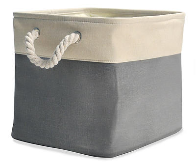Gray & Cream Fabric Storage Bin with Rope Handles
