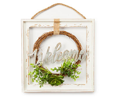 "Welcome" Boxwood Wreath Framed Hanging Wall Decor