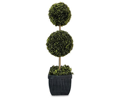 35H LIGHTED 2 BALL TOPIARY WITH FIBER GLASS POT."