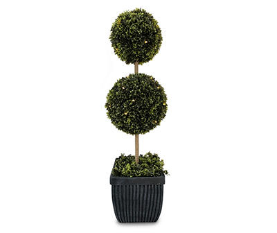 35H LIGHTED 2 BALL TOPIARY WITH FIBER GLASS POT."
