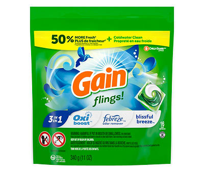 Gain flings Laundry Detergent Soap Pacs, HE Compatible, 16 Count, Long Lasting Scent, Blissful Breeze Scent