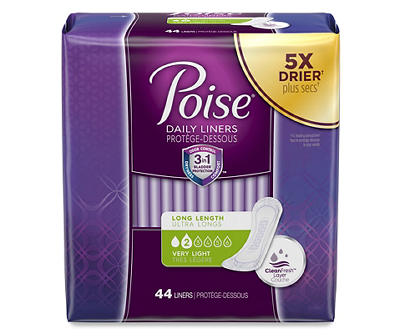 Poise Incontinence Panty Liners, Very Light Absorbency, Long, 44 Count