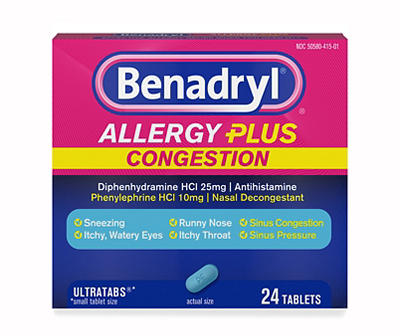 Benadryl Allergy Plus Congestion Ultratabs, Allergy Medicine with Diphenhydramine HCl Antihistamine & Phenylephrine HCl Nasal Decongestant, Allergy & Sinus Congestion Relief Tablets, 24 ct