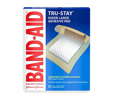 Band-Aid Brand Tru-Stay Adhesive Pads, Large Sterile Sheer Bandages for First Aid & Wound Care, Large Pad Covers & Protects Minor Cuts, Scrapes & Burns, Lightweight, Large Size, 10 ct
