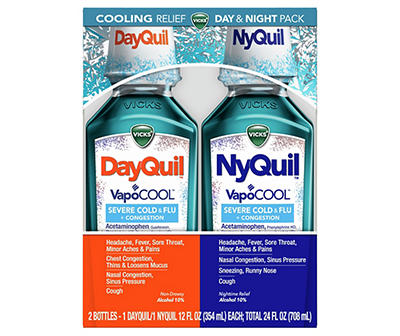 Vicks DayQuil and NyQuil VapoCOOL SEVERE Cold, Flu, and Congestion Medicine Combo, 12 fl oz each, Menthol Flavor, Maximum Strength, Relieves Daytime and Nighttime Cough, Sore Throat, Fever, Congestion