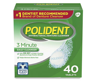 Polident 3 Minute Triple Mint Antibacterial Denture Cleanser Effervescent Tablets, 40 count