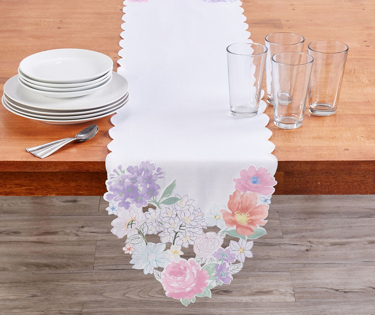 White & Pink Floral Cutwork Table Runner, (13