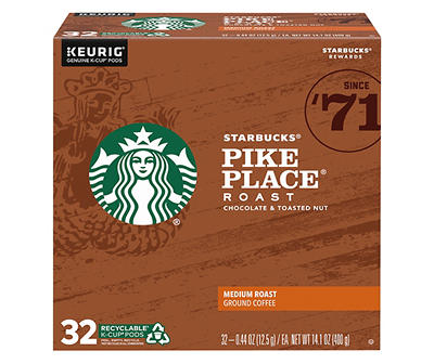Starbucks Pike Place K-Cup Pods Medium Roast Ground Chocolate & Toasted Nut Coffee 32 - 0.44 oz Pods