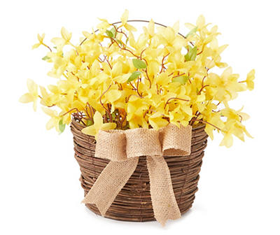 Yellow Forsythia Basket Tabletop Decor