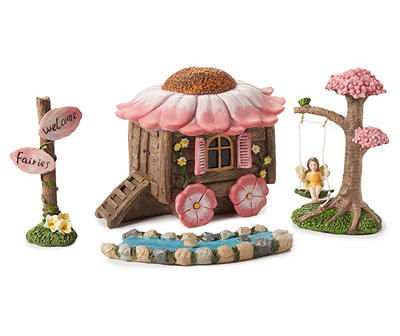 Fairy Garden Pink Flower 4-Piece Accessory Set