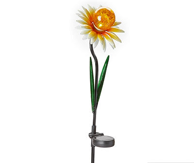White & Orange Daisy Flower LED Solar Light Yard Stake, (14")