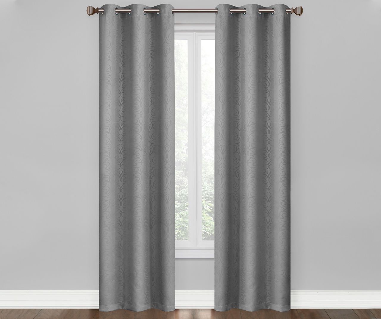 Gray Scroll Grommet Blackout Curtain Panel Pair, (95")