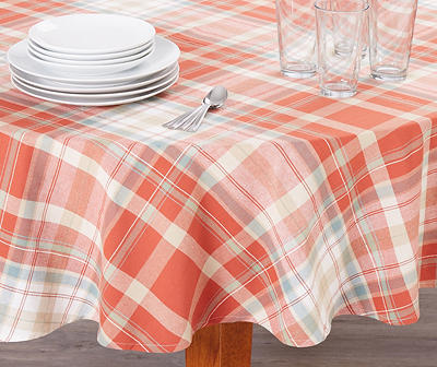 Orange & Blue Plaid Round Fabric Tablecloth, (70")