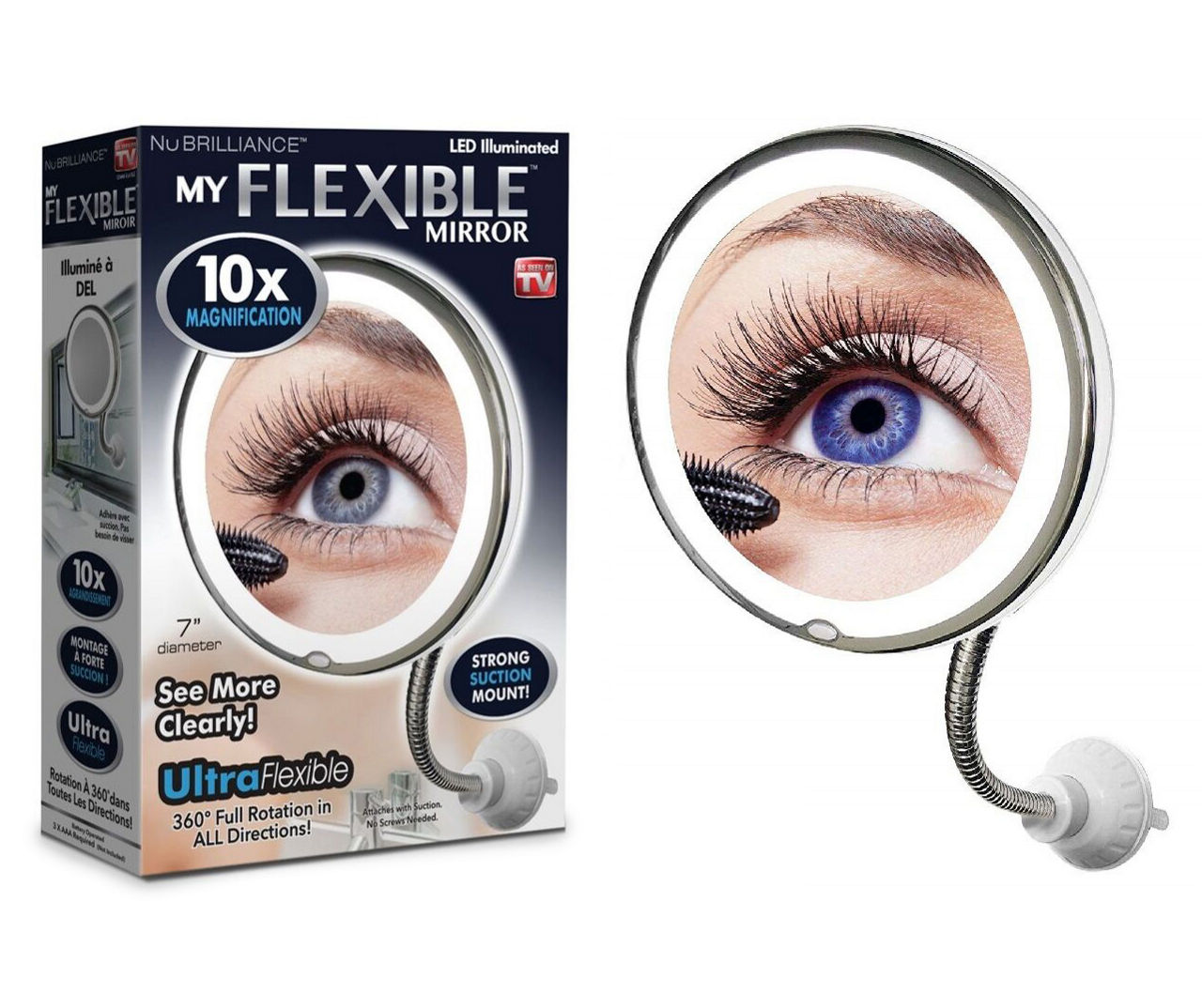 My Flexible Mirror 10x Magnification 7” Make Up Round Vanity Flexible  Mirror for Home, Bathroom use with Super Strong Suction Cups As Seen On TV