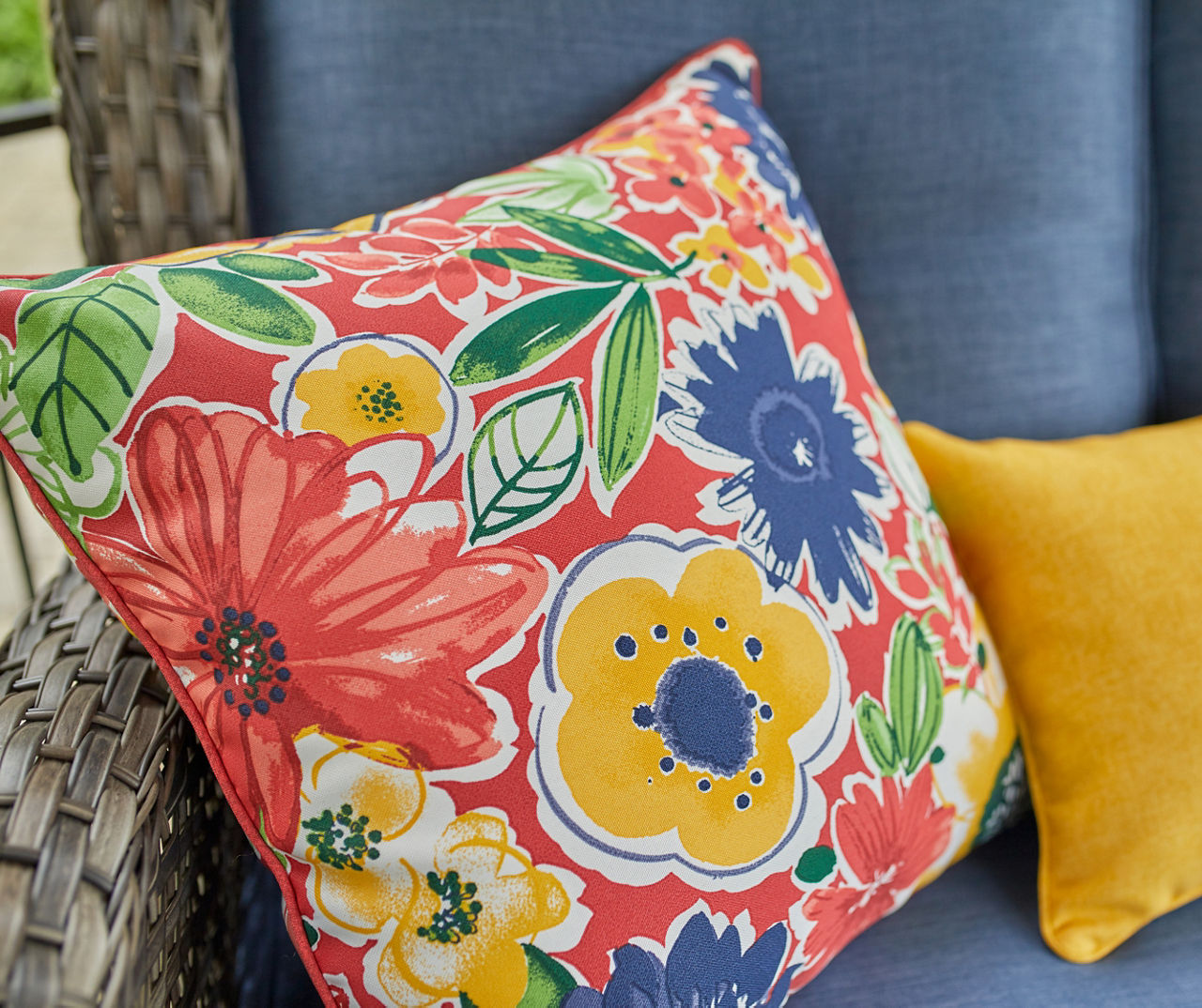 Red and store yellow outdoor pillows