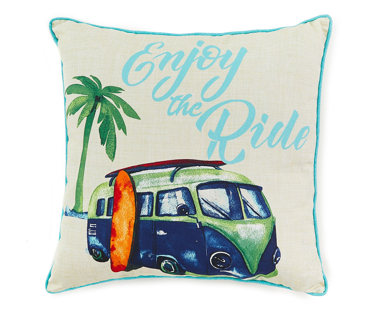 "Enjoy the Ride" Vintage Bus & Surf Outdoor Throw Pillow