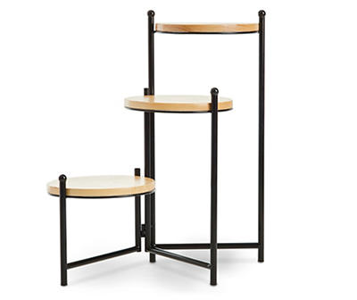 24" Black 3-Tier Folding Plant Stand with Wood Top