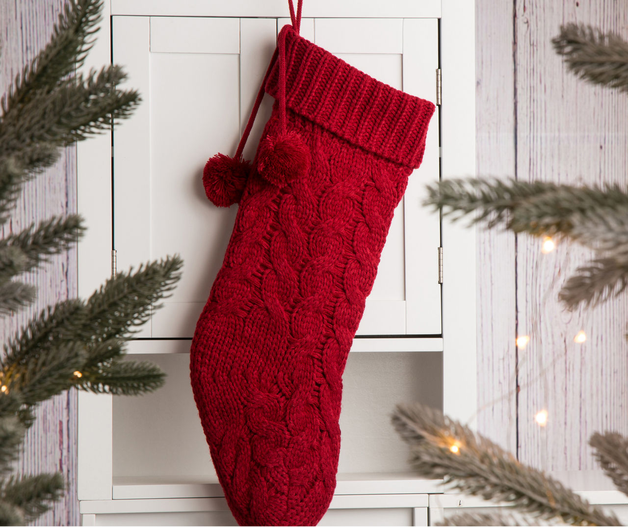 Glitzhome Knitted Polyester Christmas Stocking With Pom-Poms | Big Lots