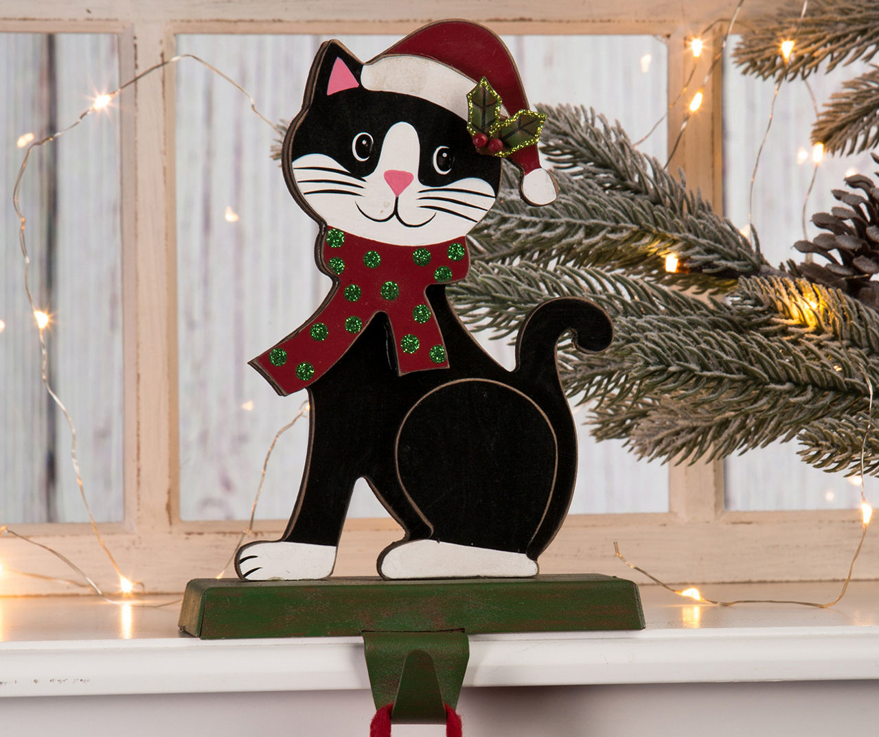 Tuxedo Cat Wood & Metal Stocking Holder