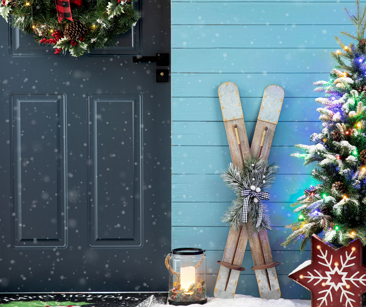 Miniature Wooden Folk Skis and Ski Poles Set - Christmas