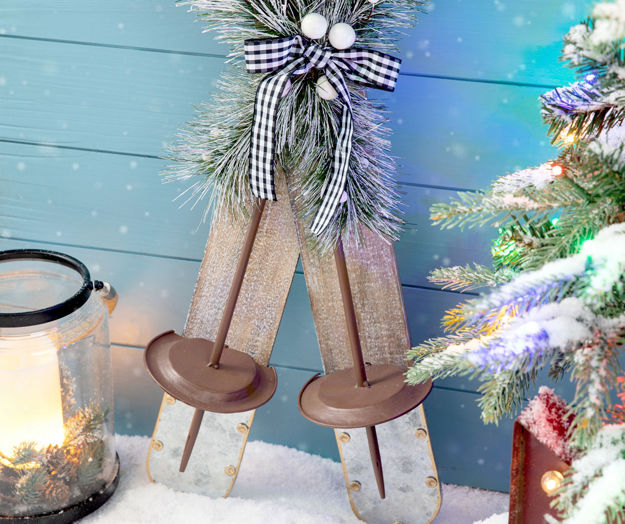 Miniature Wooden Folk Skis and Ski Poles Set - Christmas