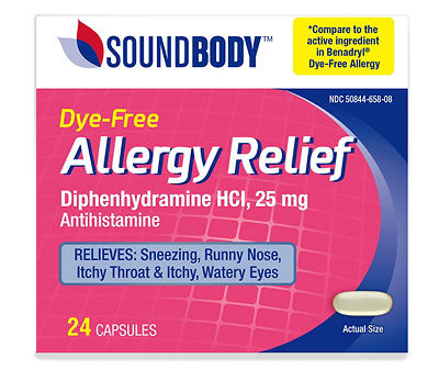 Dye-Free Allergy Relief 25mg Diphenhydramine Capsules, 24-Count