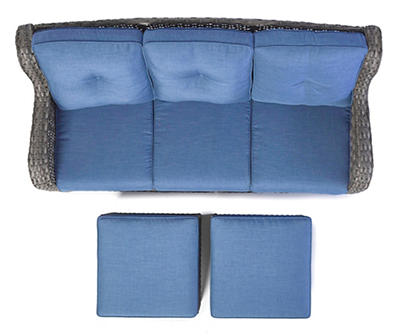 Oakmont Navy Blue Cushioned Sofa & Ottoman All-Weather Wicker Set