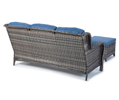 Oakmont Navy Blue Cushioned Sofa & Ottoman All-Weather Wicker Set