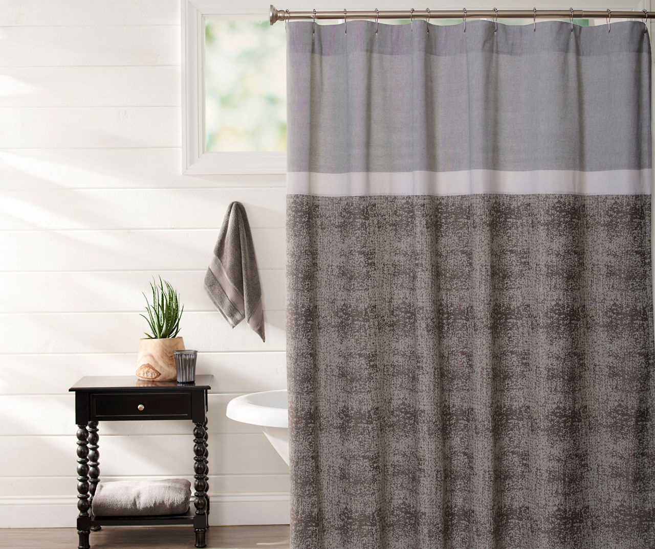 Shower curtains with gray deals in them