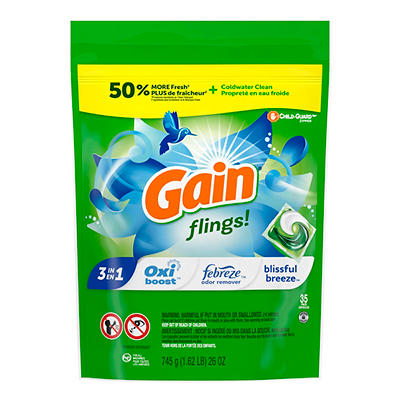 Gain flings Laundry Detergent Soap Pacs, HE Compatible, 35 Count, Long Lasting Scent, Blissful Breeze Scent