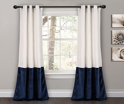 Prima Velvet Color Block White & Navy Room-Darkening Grommet Curtain Panel Pair, (84")