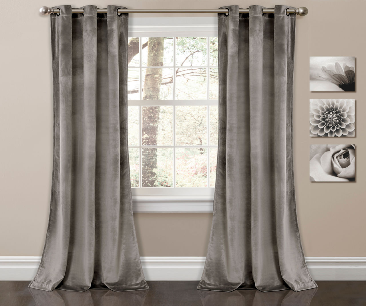 Prima Velvet Gray Room-Darkening Grommet Curtain Panel Pair, (84")