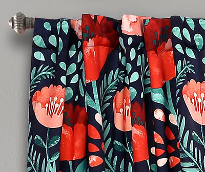 Poppy Garden Navy & Red Room-Darkening Back Tab Curtain Panel Pair, (95
