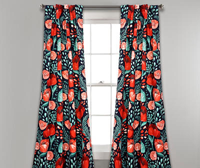 Poppy Garden Navy & Red Room-Darkening Back Tab Curtain Panel Pair, (84