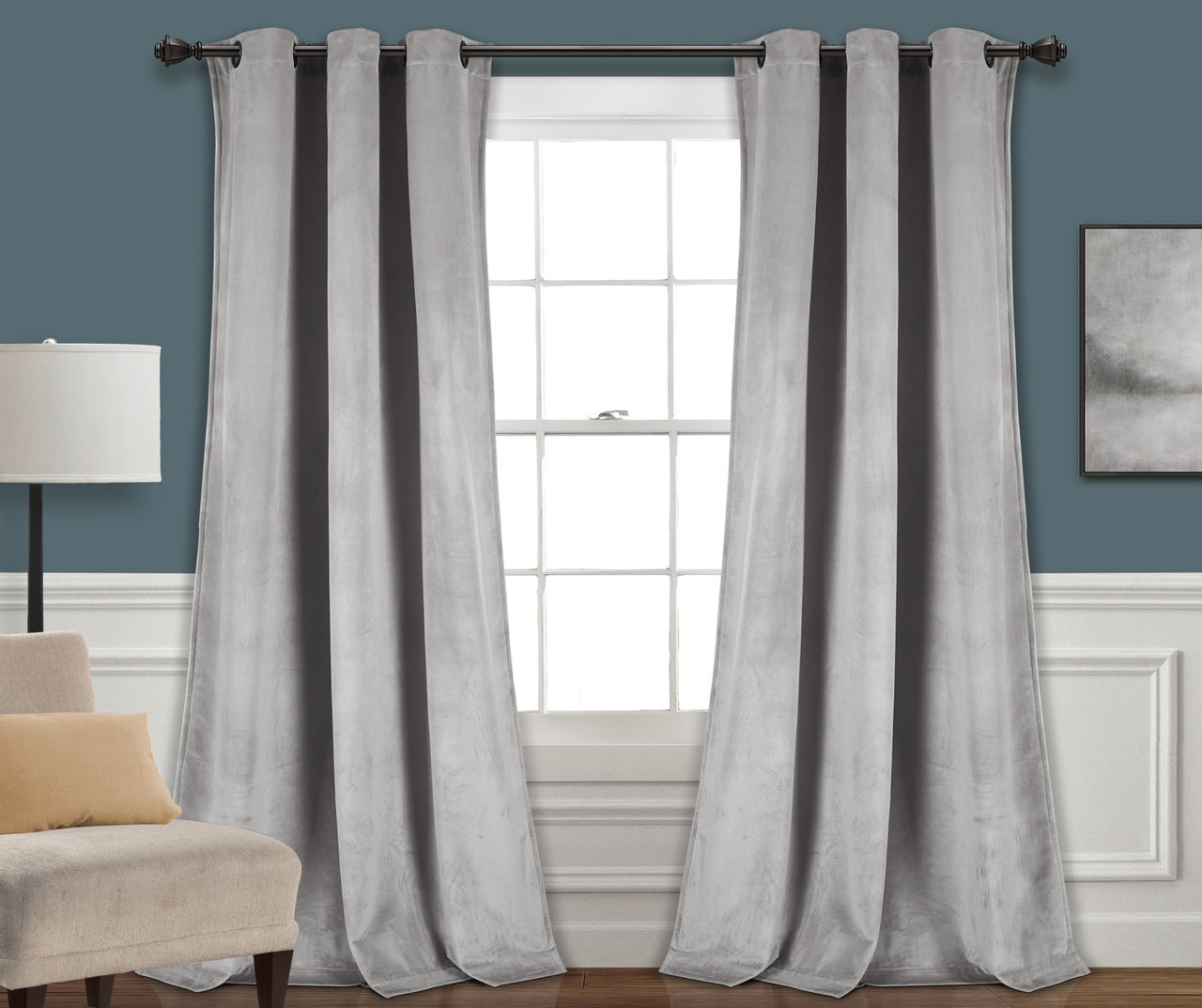 Prima Velvet Light Gray Room-Darkening Grommet Curtain Panel Pair, (84")