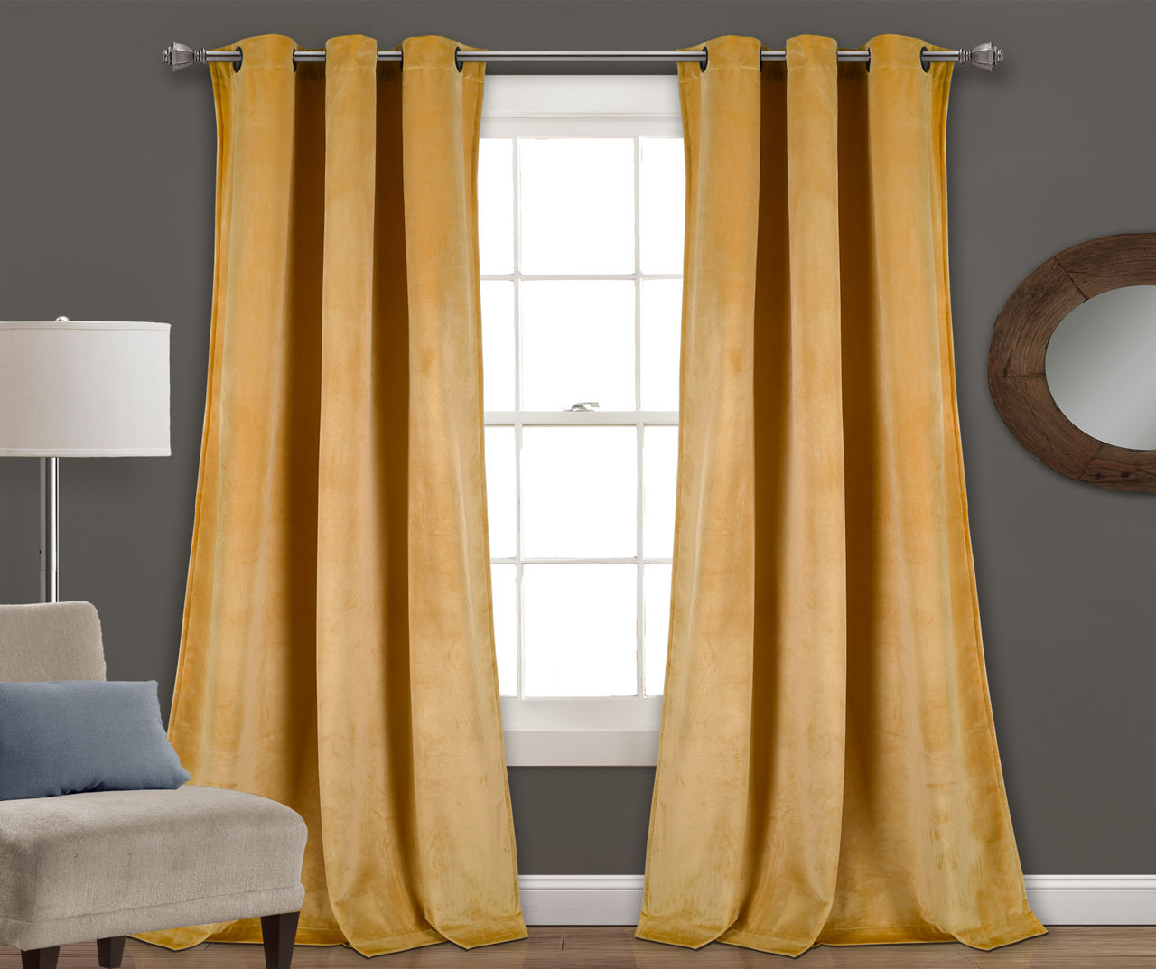 Prima Velvet Yellow Room-Darkening Grommet Curtain Panel Pair, (84")