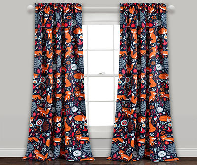 Pixie Fox Navy & Orange Room-Darkening Rod Pocket Curtain Panel Pair, (84