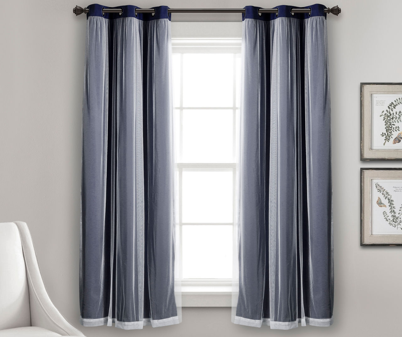 Lush Navy Blackout Grommet Curtain Panel Pair with Sheer Overlay, (63