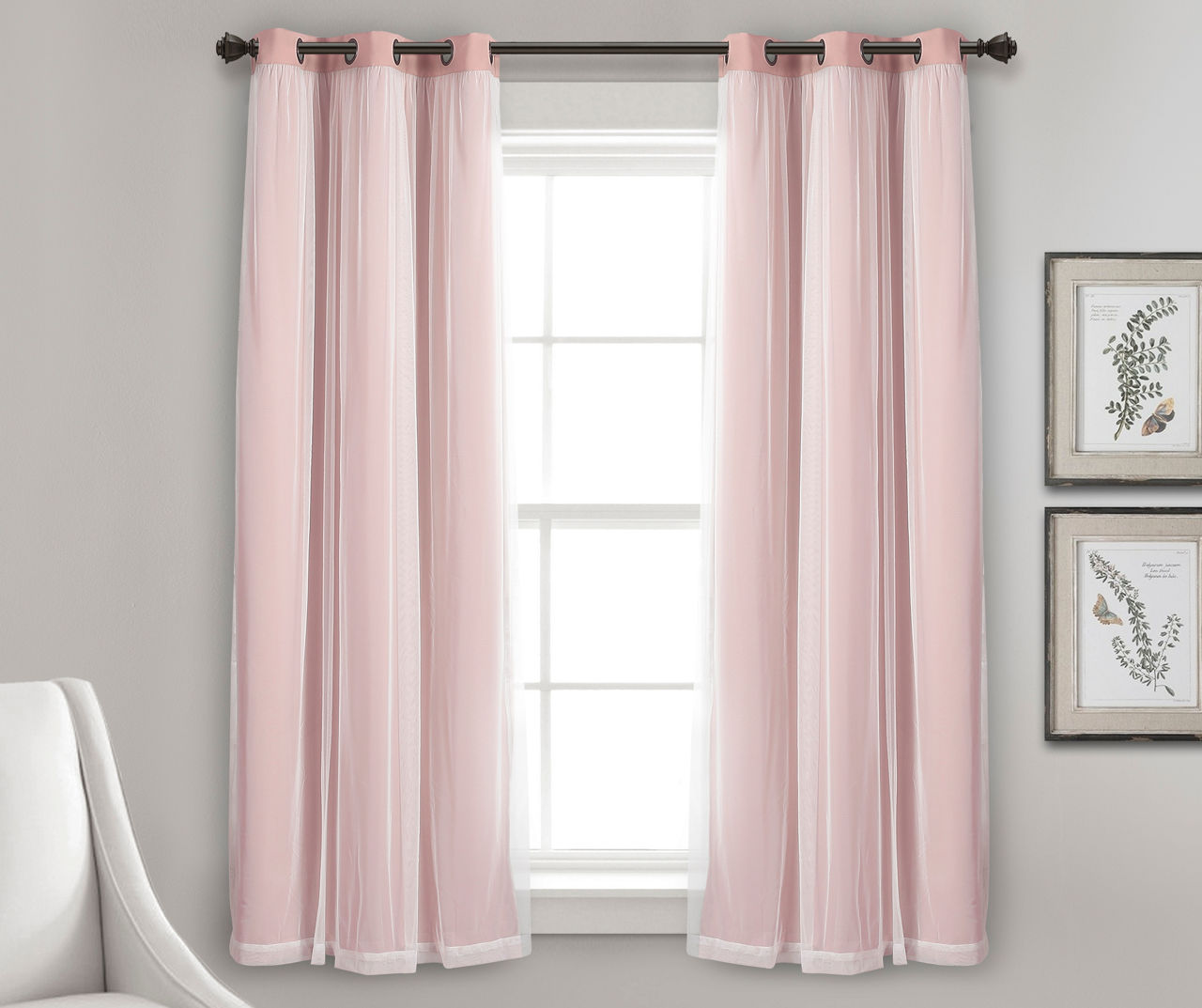 Lush Pink Blackout Grommet Curtain Panel Pair with Sheer Overlay, (63