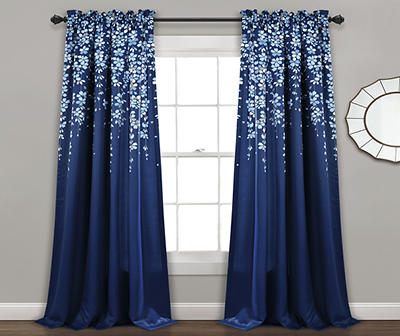 Weeping Flowers Navy Room-Darkening Rod Pocket Curtain Panel Pair, (84