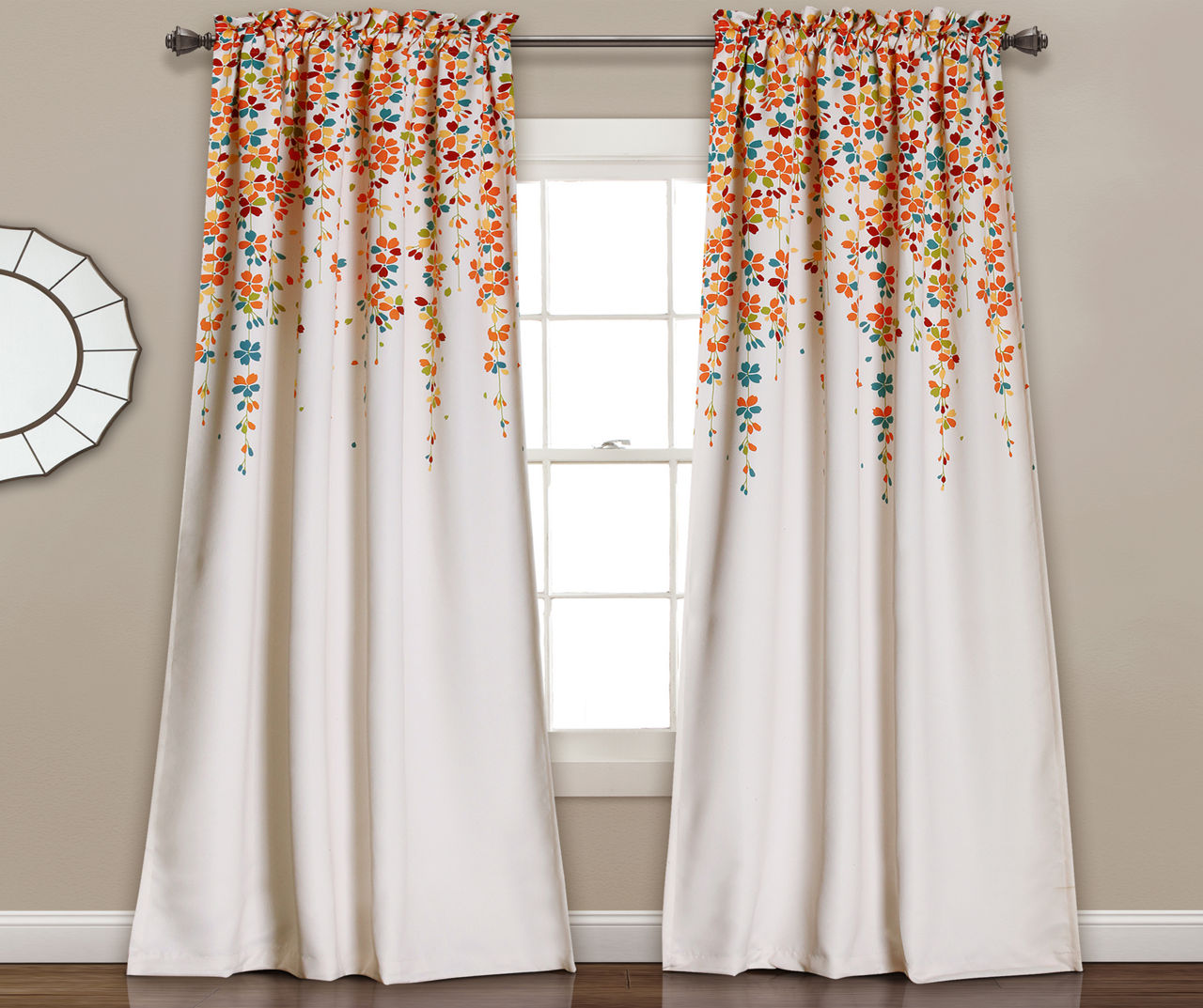 Weeping Flowers Turquoise & Tangerine Room-Darkening Rod Pocket Curtain ...