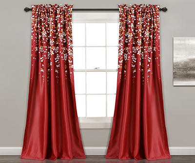 Weeping Flowers Red Room-Darkening Rod Pocket Curtain Panel Pair, (84")