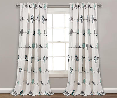 Rowley Birds Blue & Gray Room-Darkening Rod Pocket Curtain Panel Pair, (95