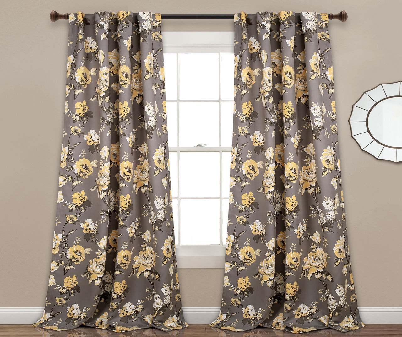 Tania Floral Gray & Yellow Room-Darkening Back Tab Curtain Panel Pair ...