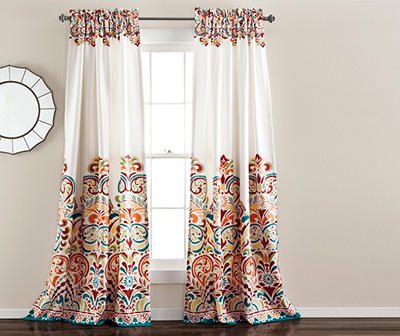 Clara Turquoise & Tangerine Paisley Room-Darkening Rod Pocket Curtain Panel Pair, (84