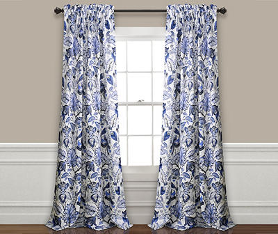 Cynthia Jacobean Blue Room-Darkening Rod Pocket Curtain Panel Pair, (84