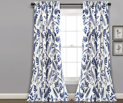 Devonia Allover White & Navy Floral Room-Darkening Rod Pocket Curtain Panel Pair, (84")