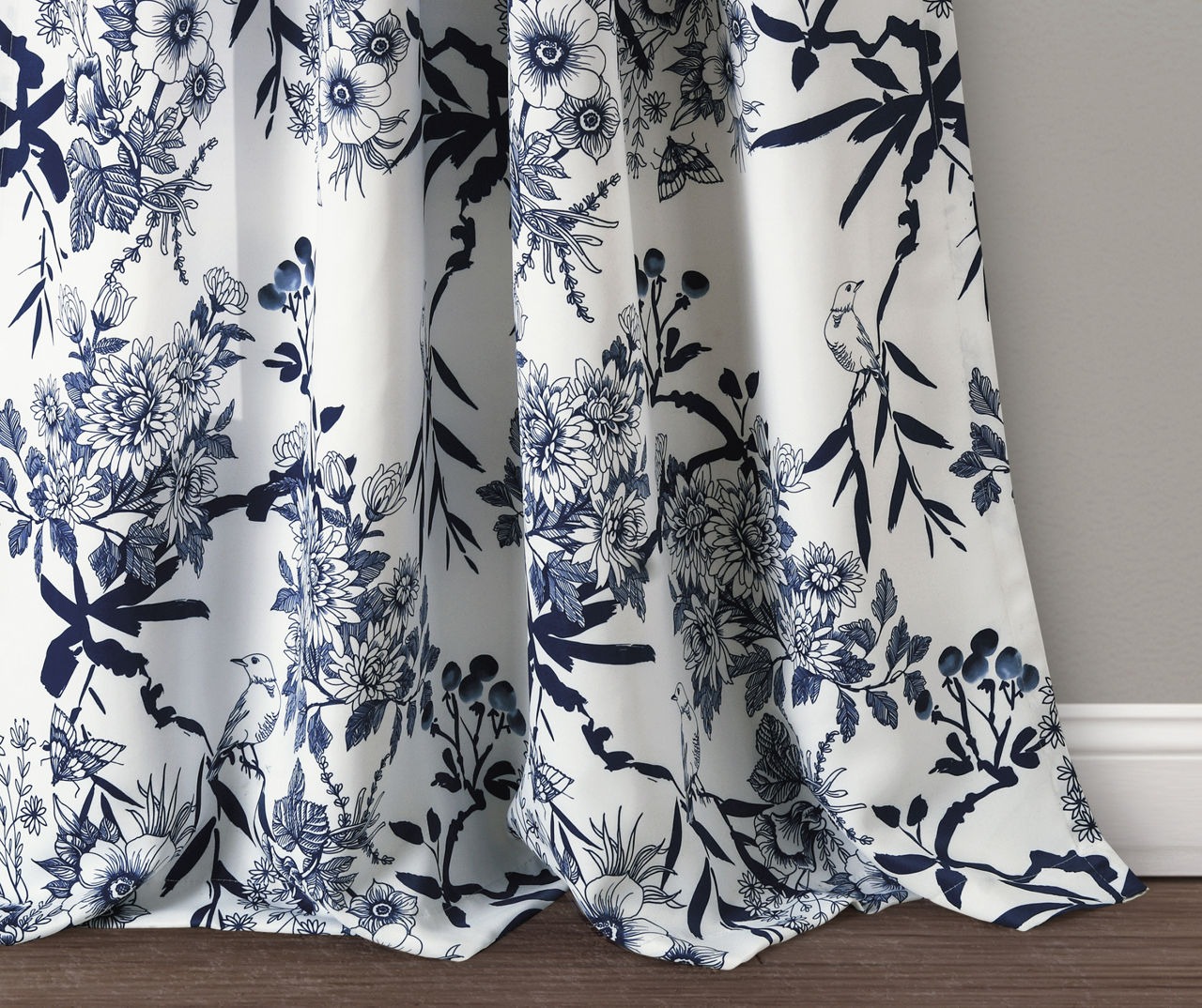 Botanical Garden Navy & White Room-Darkening Rod Pocket Curtain Panel ...