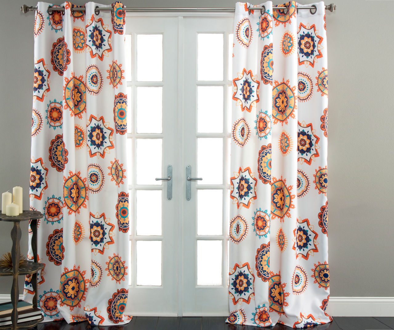 Adrianne White & Tangerine Floral Medallion Room-Darkening Grommet Curtain Panel Pair, (84