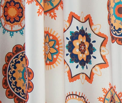 Adrianne White & Tangerine Floral Medallion Room-Darkening Grommet Curtain Panel Pair, (84")